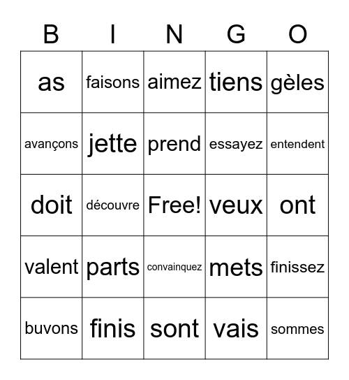Les verbes au présent Bingo Card