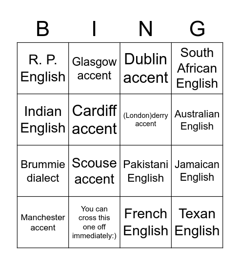 Dialects and accents Bingo Card