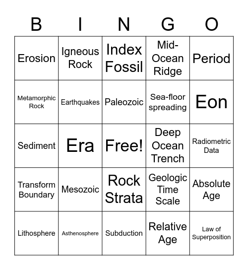 Earth Science Bingo Card