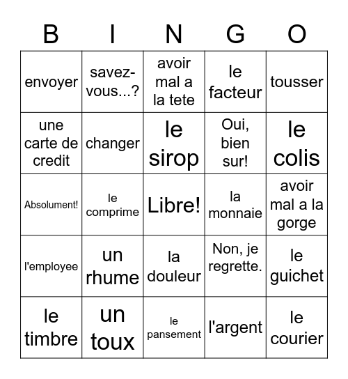 vocabulaire 9-2 Bingo Card