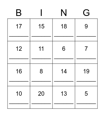 Addition to 20 Bingo Card