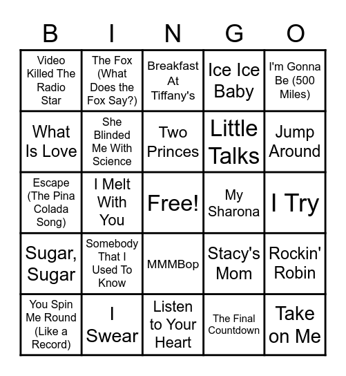 One-Hit Wonders Bingo Card