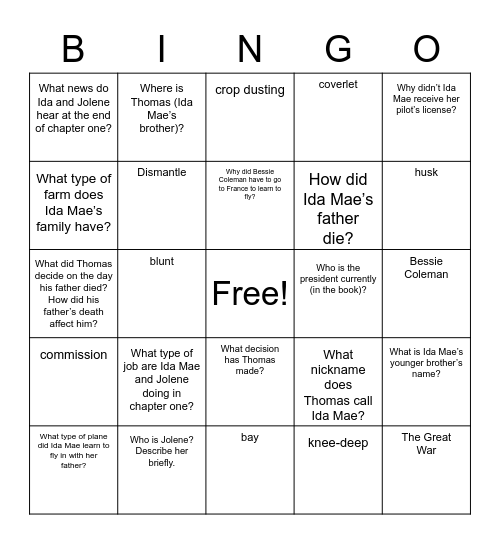 Flygirl - Chapters 1-2 Bingo Card