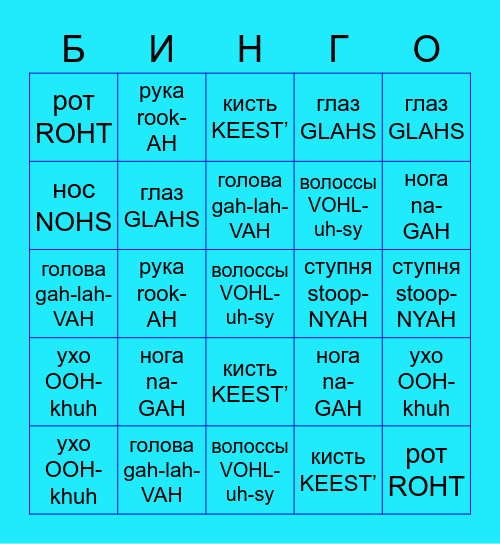 Russian BODY - ТЕЛО Bingo Card