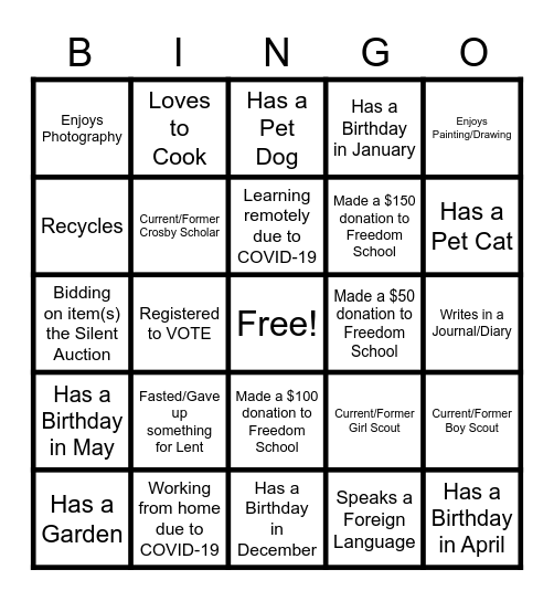 Freedom School Fundraiser Bingo Card