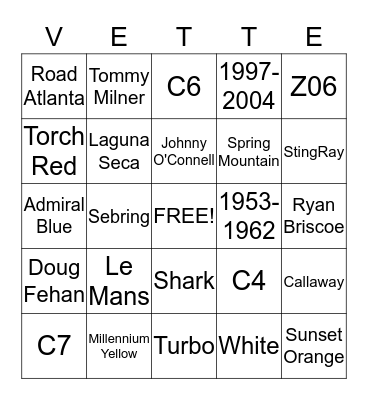 Corvette of San Diego Bingo Card