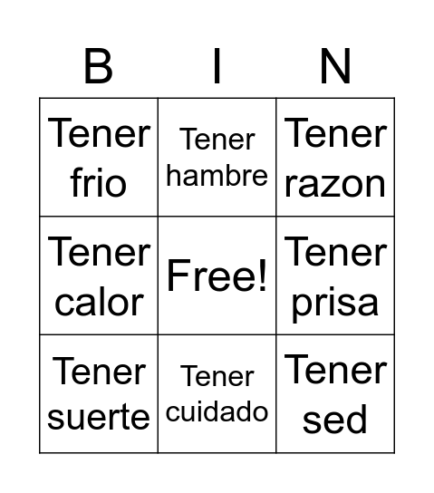 Tener Bingo Card