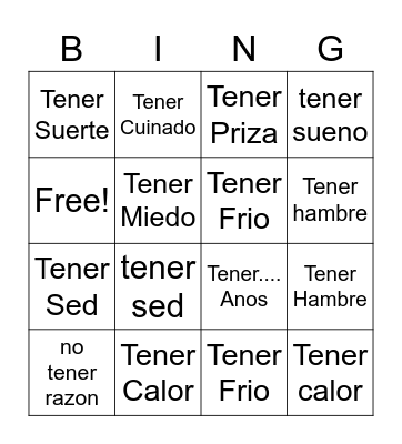 Spanish Bingo Card