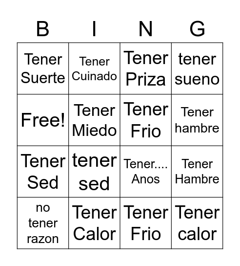 Spanish Bingo Card