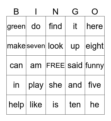 Sight Word Bingo Card