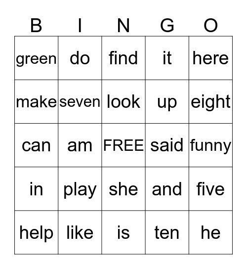 Sight Word Bingo Card