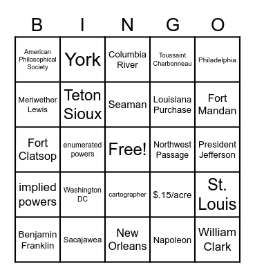 The Corps of Discovery Bingo Card