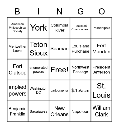 The Corps of Discovery Bingo Card