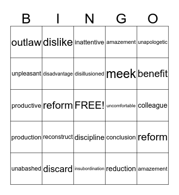 Vocabulary Bingo Card