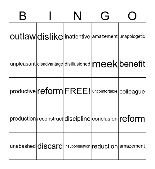 Vocabulary Bingo Card