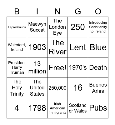 St. Patrick's Trivia Bingo Card