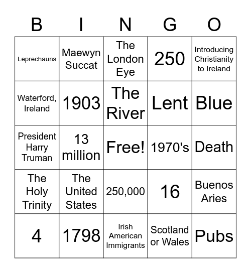 St. Patrick's Trivia Bingo Card
