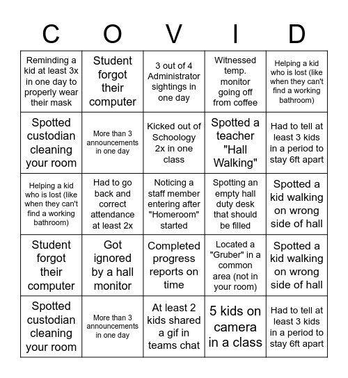 Welcome Back Staff Covid Bingo Card