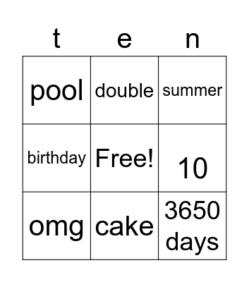 10th birthday Bingo Card