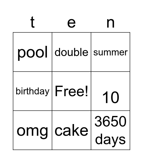 10th birthday Bingo Card