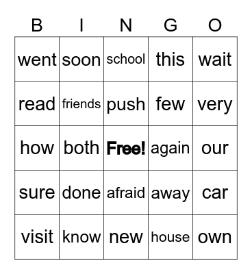 Sight Word Bingo Card