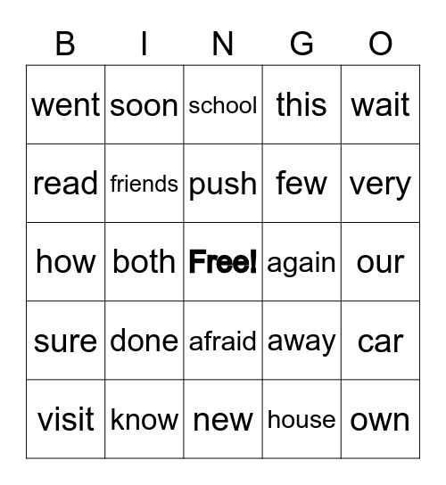 Sight Word Bingo Card