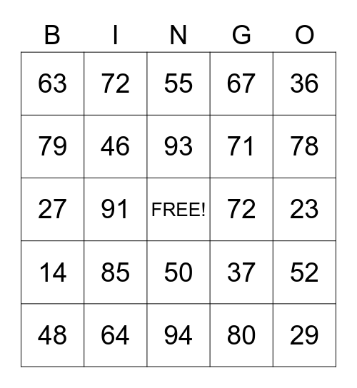 Place Value Bingo Card