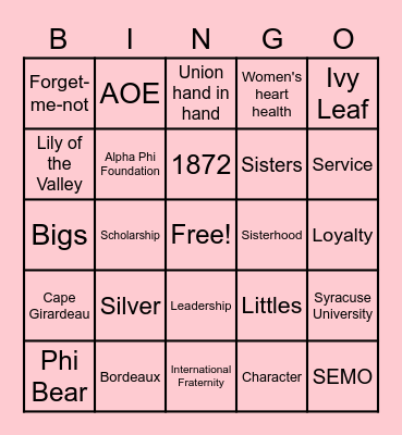 Alpha Phi Bingo Card
