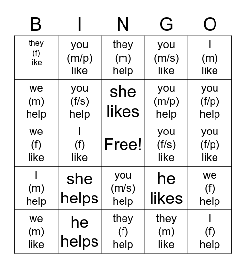 pronoun and verb Bingo Card