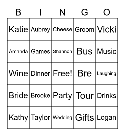 Brooke's Bachelorette Party Bingo Card