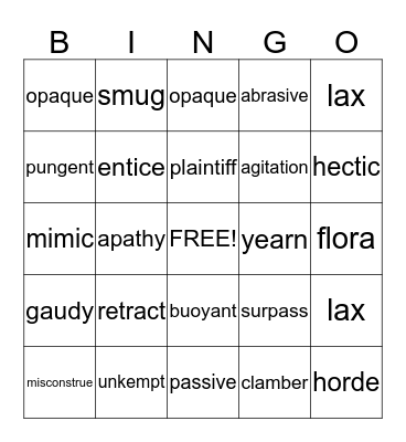 Vocabulary Bingo Card