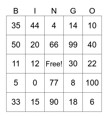 Multiplication Bingo Card