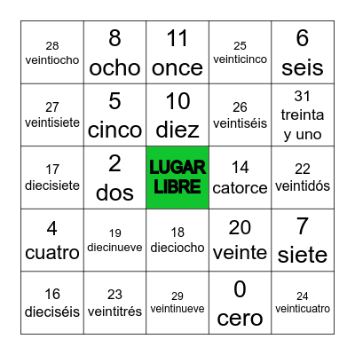 Números 0-31: Una introducción Bingo Card