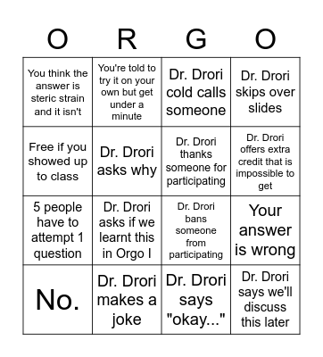 Orgo Bingo Card