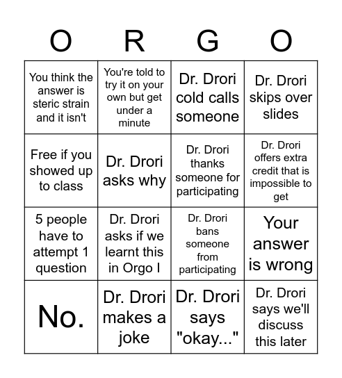 Orgo Bingo Card