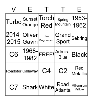 Corvette of San Diego Bingo Card