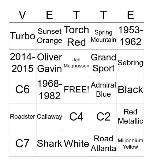 Corvette of San Diego Bingo Card