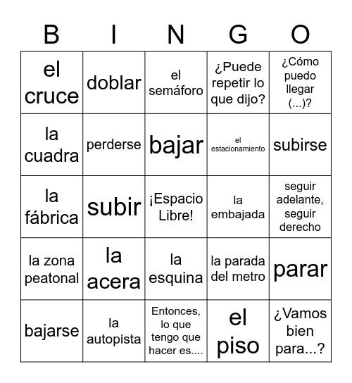 Vocabulario Bingo Card