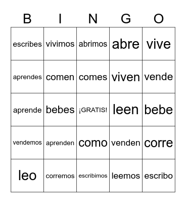 er/ir verbs Spanish Bingo Card