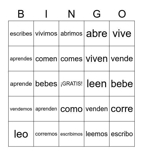 er/ir verbs Spanish Bingo Card