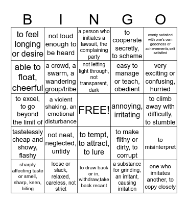 Vocabulary Bingo Card