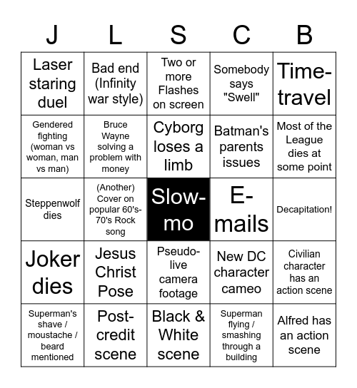 Justice League Snyder's Cut Bingo Card