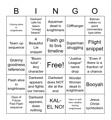 Zack Snyder's Justice League Bingo Card