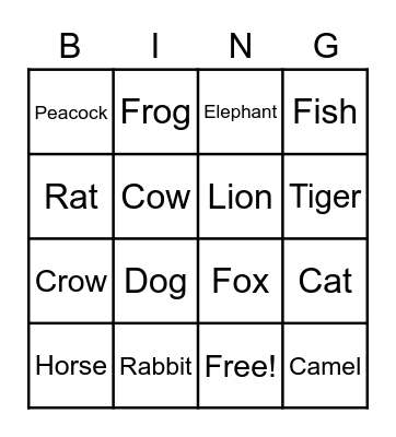 Animals names Bingo Card