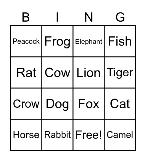 Animals names Bingo Card