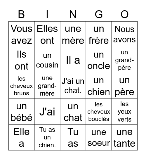 La Famille et Avoir Bingo Card