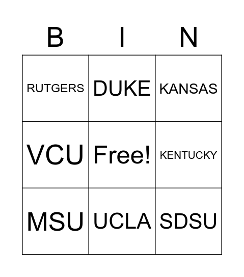 NCAAM Bingo Card