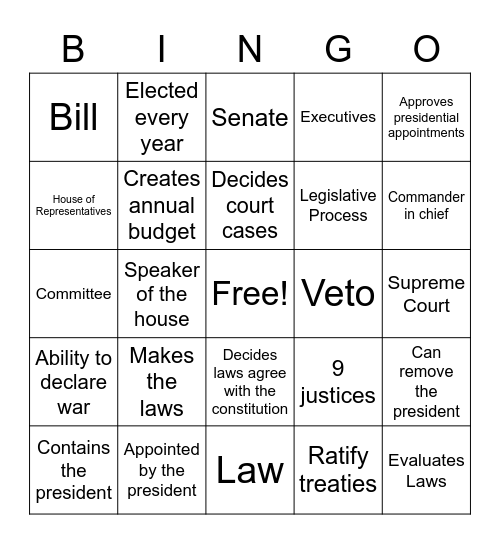 Legislative Bingo Card