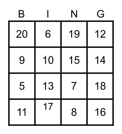 Number Bingo Card
