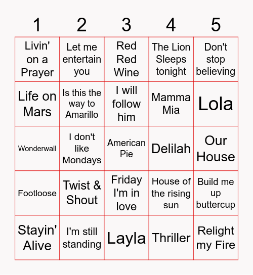 Red Nose Day Music Bingo 5 x 5 Bingo Card